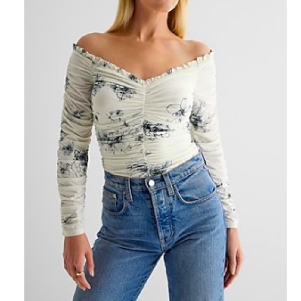 Express Off-Shoulder Floral Bodysuit - White and Black